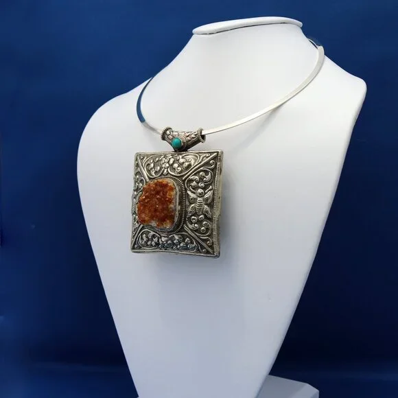 Vintage Nepalese Citrine Druzy and Turquoise Pendant Necklace